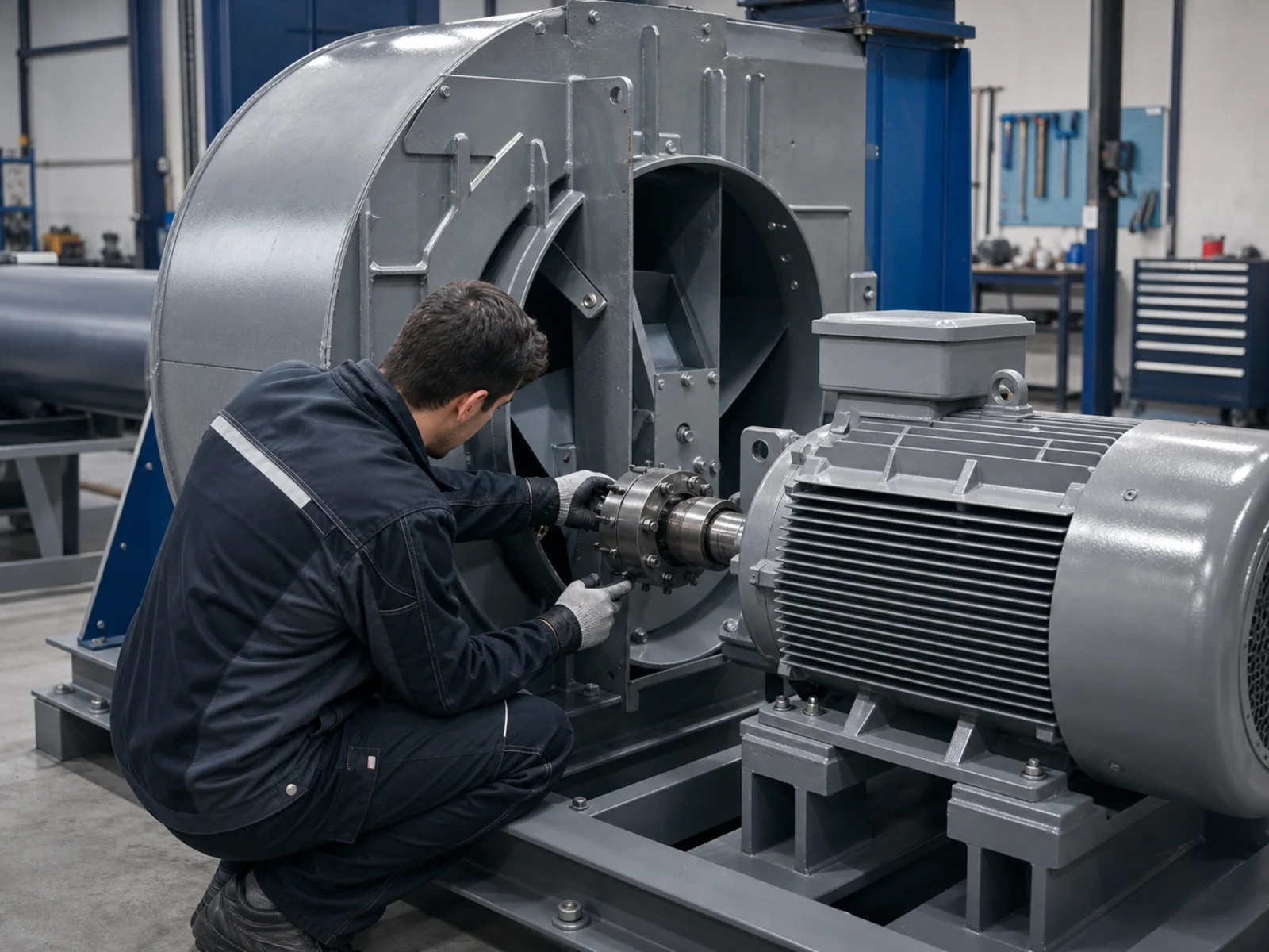 Tecnico durante il controllo di un motore elettrico industriale